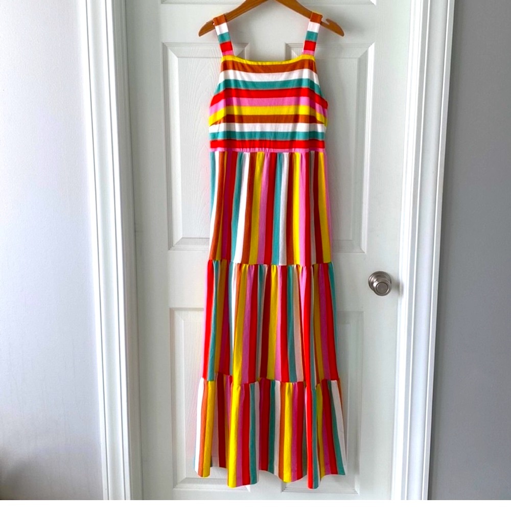J. Crew Rainbow Striped Tiered Maxi Dress Colorful Flowy Pockets Midi Cotton - Picture 7 of 16
